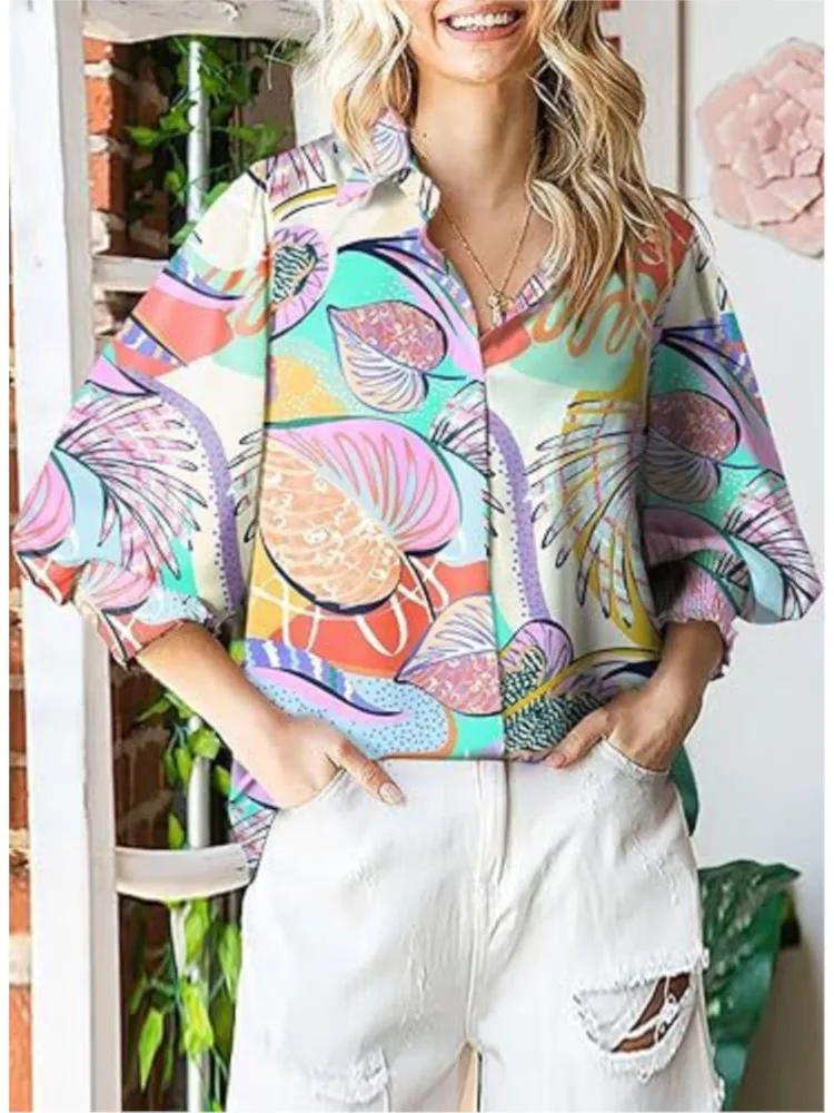 Blusa holgada informal de manga larga con solapa para mujer, camisa elegante con estampado de linterna para oficina, primavera y otoño, 2024