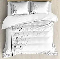 Dandelion Duvet Cover Set, Dandelions Blowing in The Wind Fluffy Flower Decor 3 Piece Bedding Set with 2 Pillow Shams, Full Size