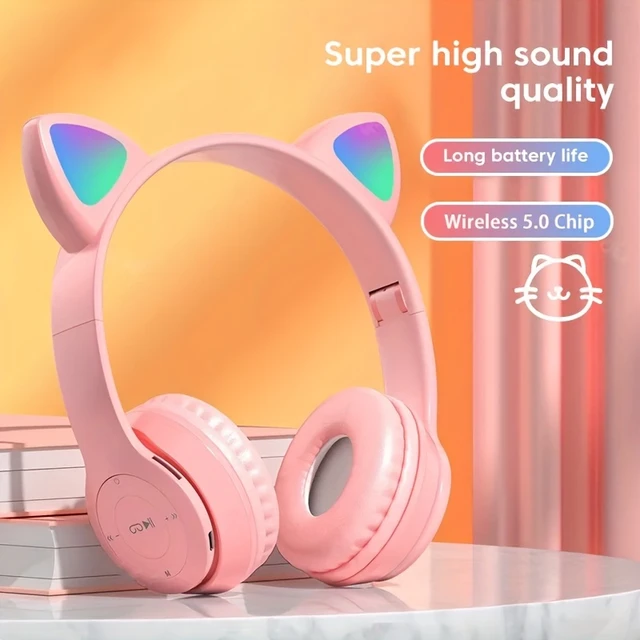 Cute Cat Ear Bluetooth Compatible Headset with LED Wireless Headset Children Girls Stereo Folding Sports Headset with Microphone AliExpress