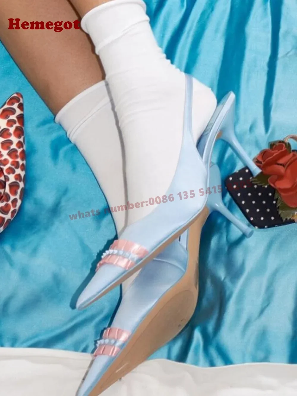 

Frill Rivet Slingback Pumps Pointy Toe Patchwork Stiletto Heels Women's Pumps Blue Satin Slip On Summer Party Shoes Cute Sexy