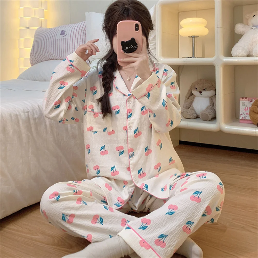 Cute Cherries Print Women's Pajamas Set Autumn Winter Sleepwear Long Sleeve Homewear Korean Fashion Nightwear Loungewear