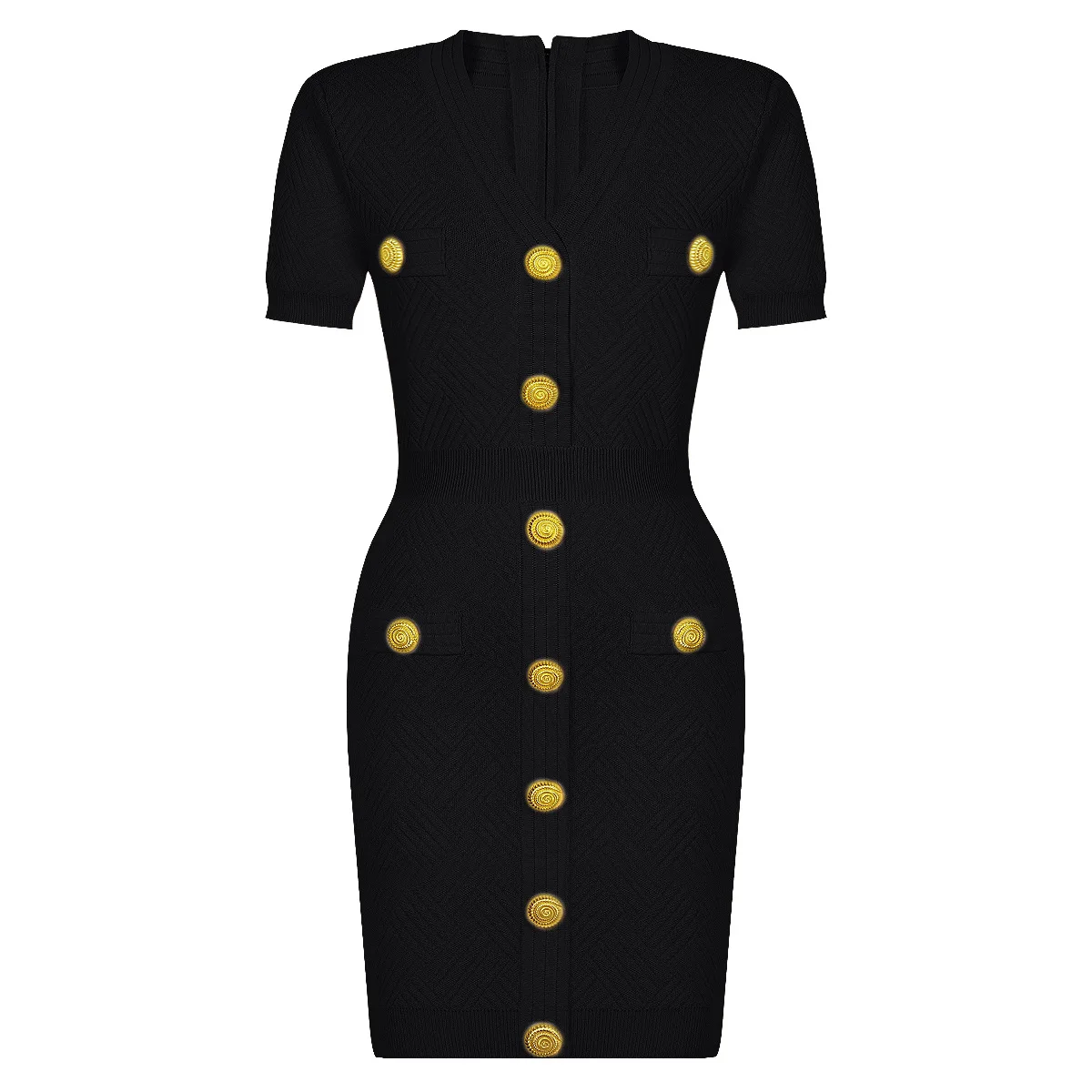 ZJYT Nuovo 2025 Abito maglione lavorato a maglia con scollo a V da donna Manica corta Bottoni Casual Aderente Abito estivo nero Elegante tubino per le feste