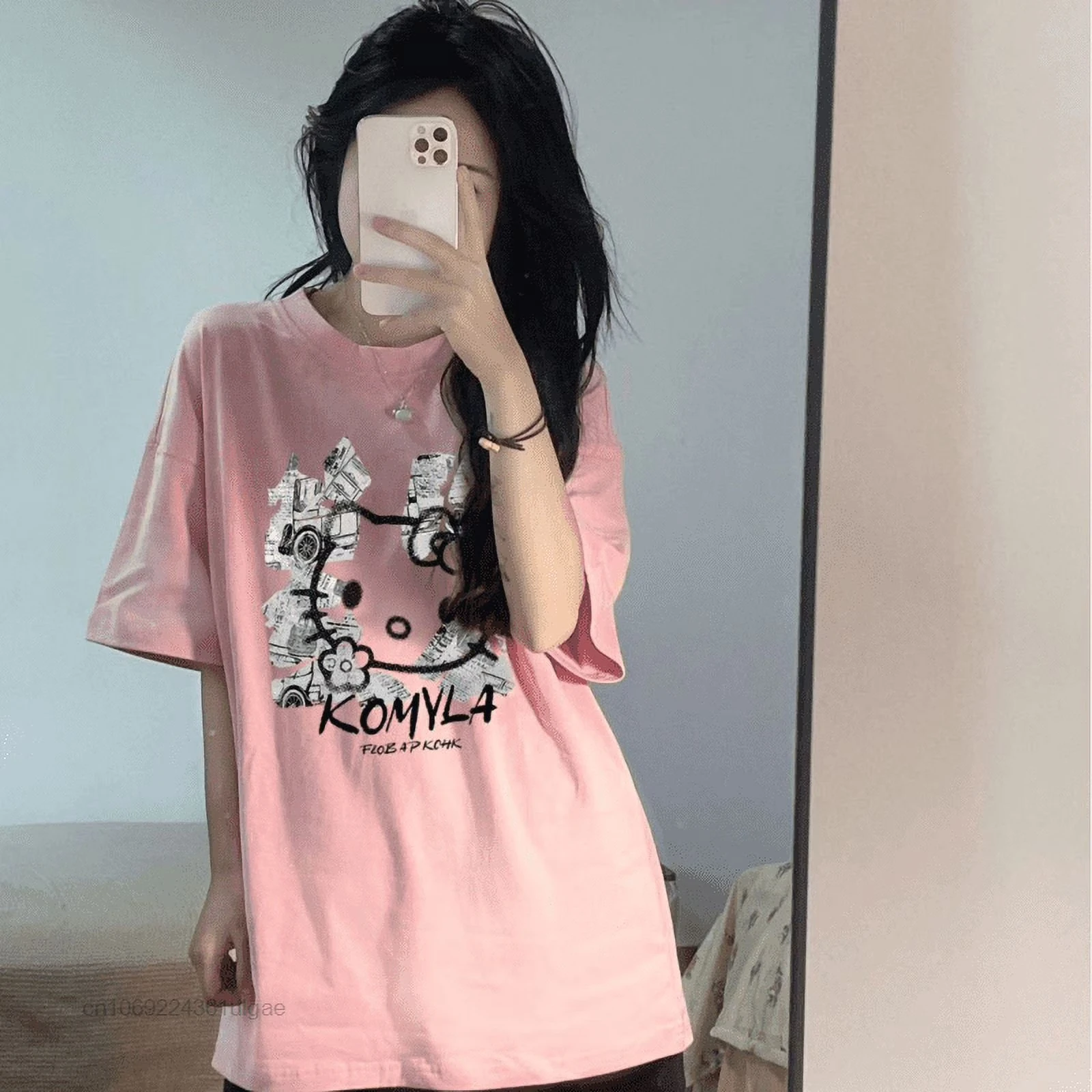 Hello Kitty T Shirt Y2K Vintage Distressed Graphic Print Short Sleeve Cotton Loose Oversized Gothic Summer Casual Ladies Tees