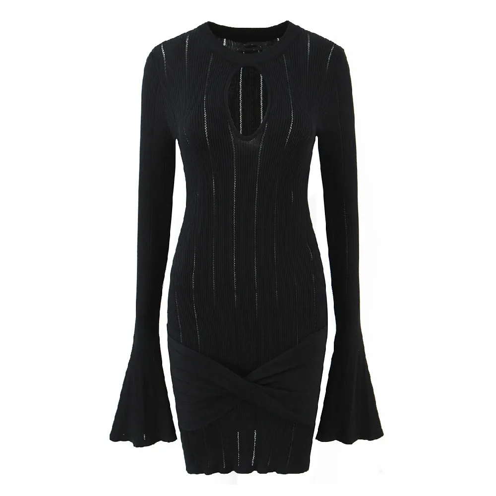 2025 مثير الجوف خارج س الرقبة الضلع خط محبوك طويل مضيئة كم سترة فستان المرأة الخصر النحيف حزمة الوركين فساتين قصيرة رداء