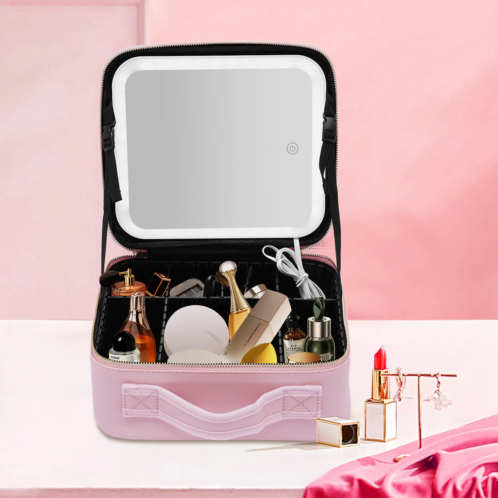 

Makeup Train Case Cosmetic Organizer Storage Adjustable Dividerswith Large Lighted Mirror 3 Color Scenarios