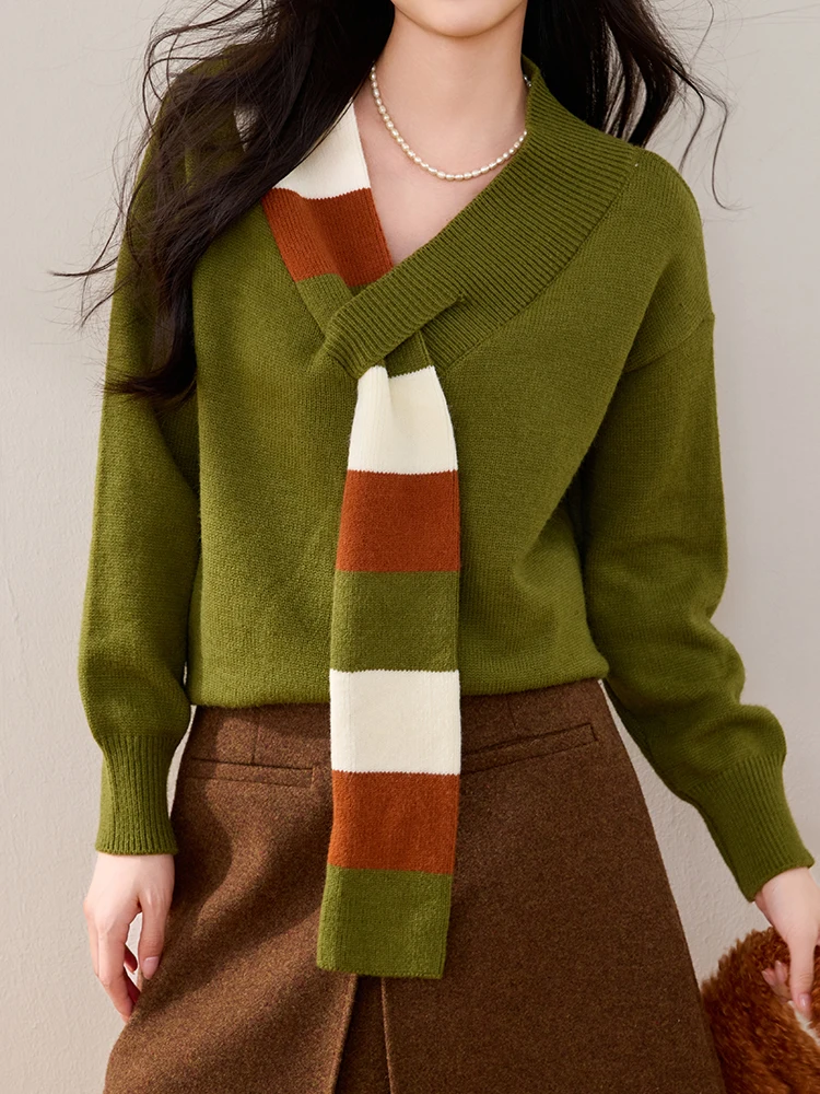 Stylish Scarf Collar Sweater Women Green Long Sleeve Knit Top Casual Autumn Winter Sweater Casual Korean Fashion V Neck Knitwear