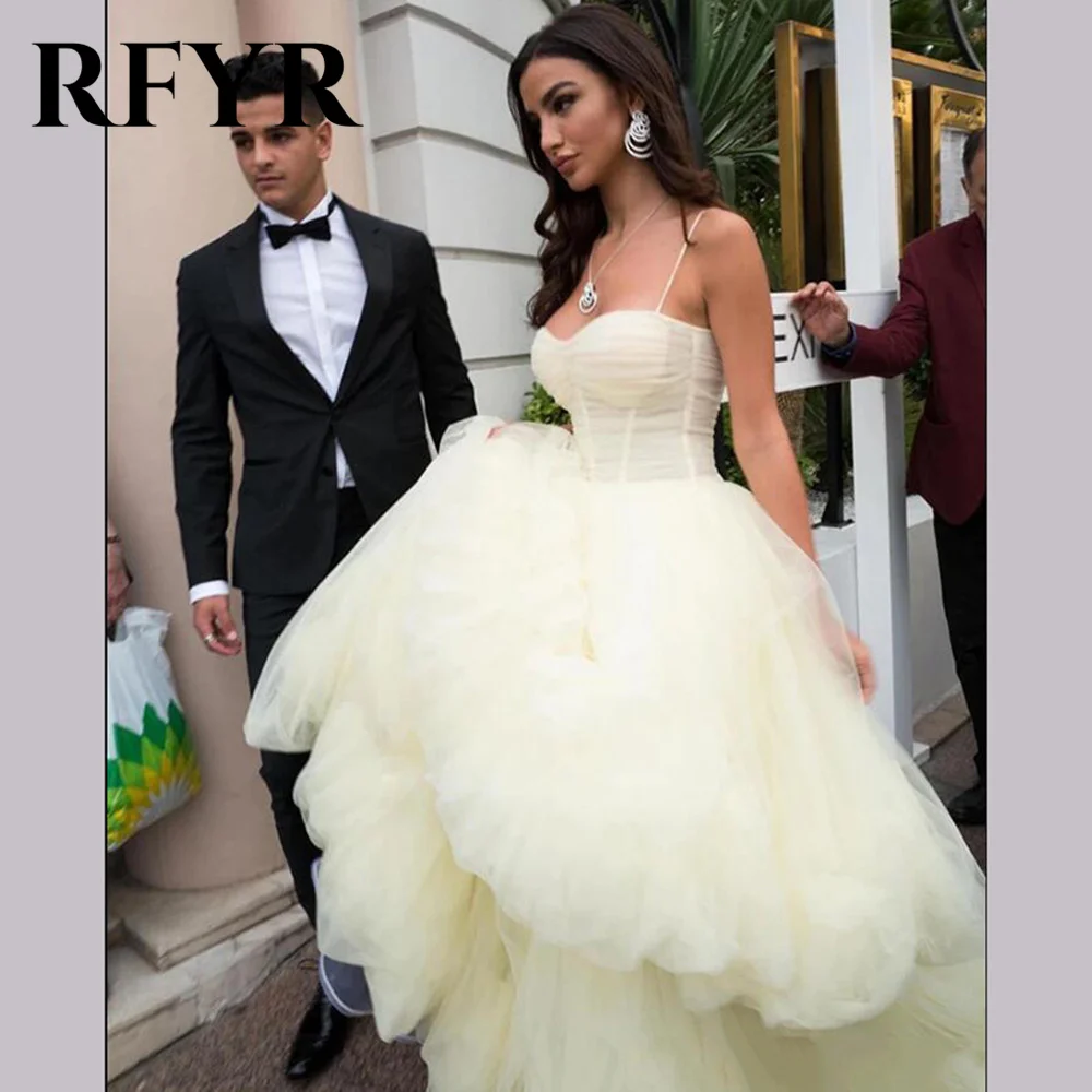 RFYR Yellow Prom Dress Sweetheart Spaghetti Straps Evening Dress A-line Tiered Party Dress Layered Vestidos De Noche Customized