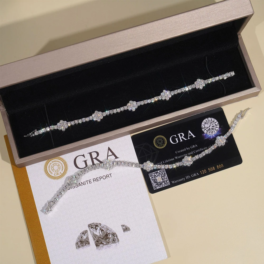 

Moissanite 3mm Flower Tennis Chain S925 Silver For Women Men Iced Out Chain Hip Hop Jewelry Pass Diamonds Tester With GRA Free S