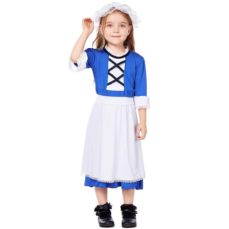 2024 New Kids Child Victorian Poor Girl Costume Colonial Village Peasant Girls Dress Halloween Carnival Stage Cosplay Dress Sets