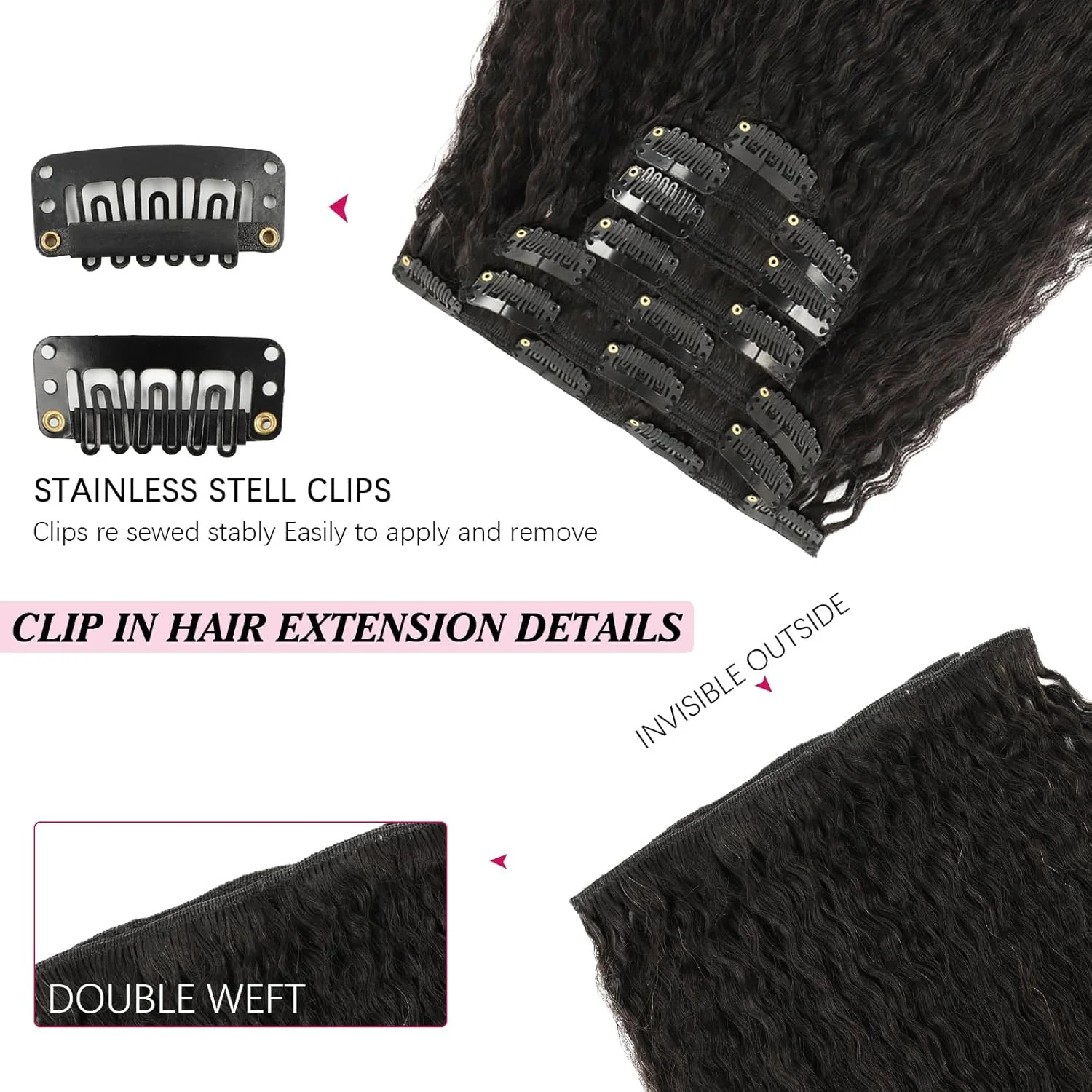 Verworrene gerade Clip-in-Haarverlängerungen für schwarze Frauen, voller Kopf, Yaki, gerade Clip-Ins, synthetische Haarverlängerungen, 7 Stück/Set