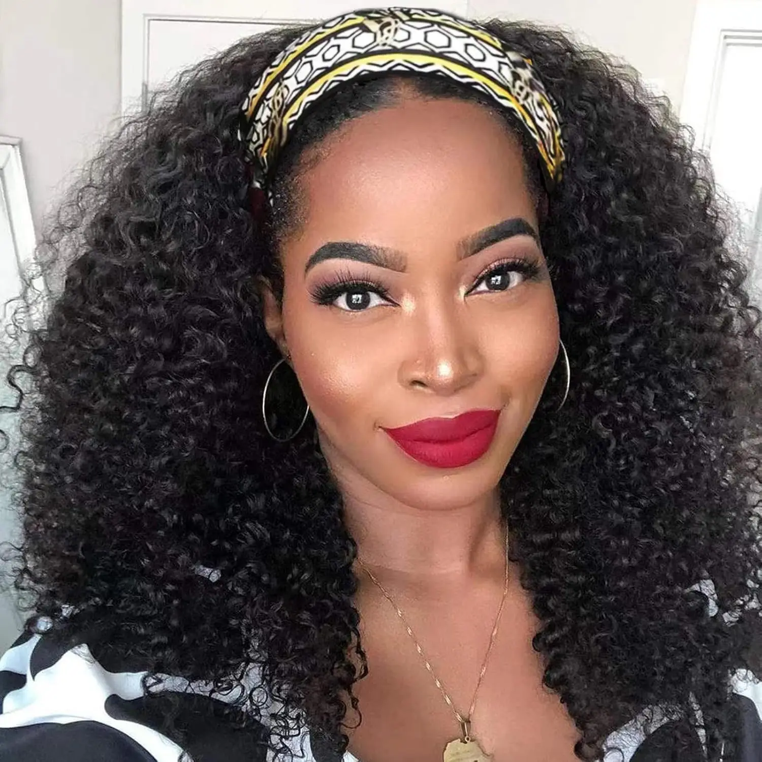 

Kinky Curly Human Hair Wig 16 inch Natural Color No Gel Remy Hai Machine Made Curly Scarf Wig for Black Women