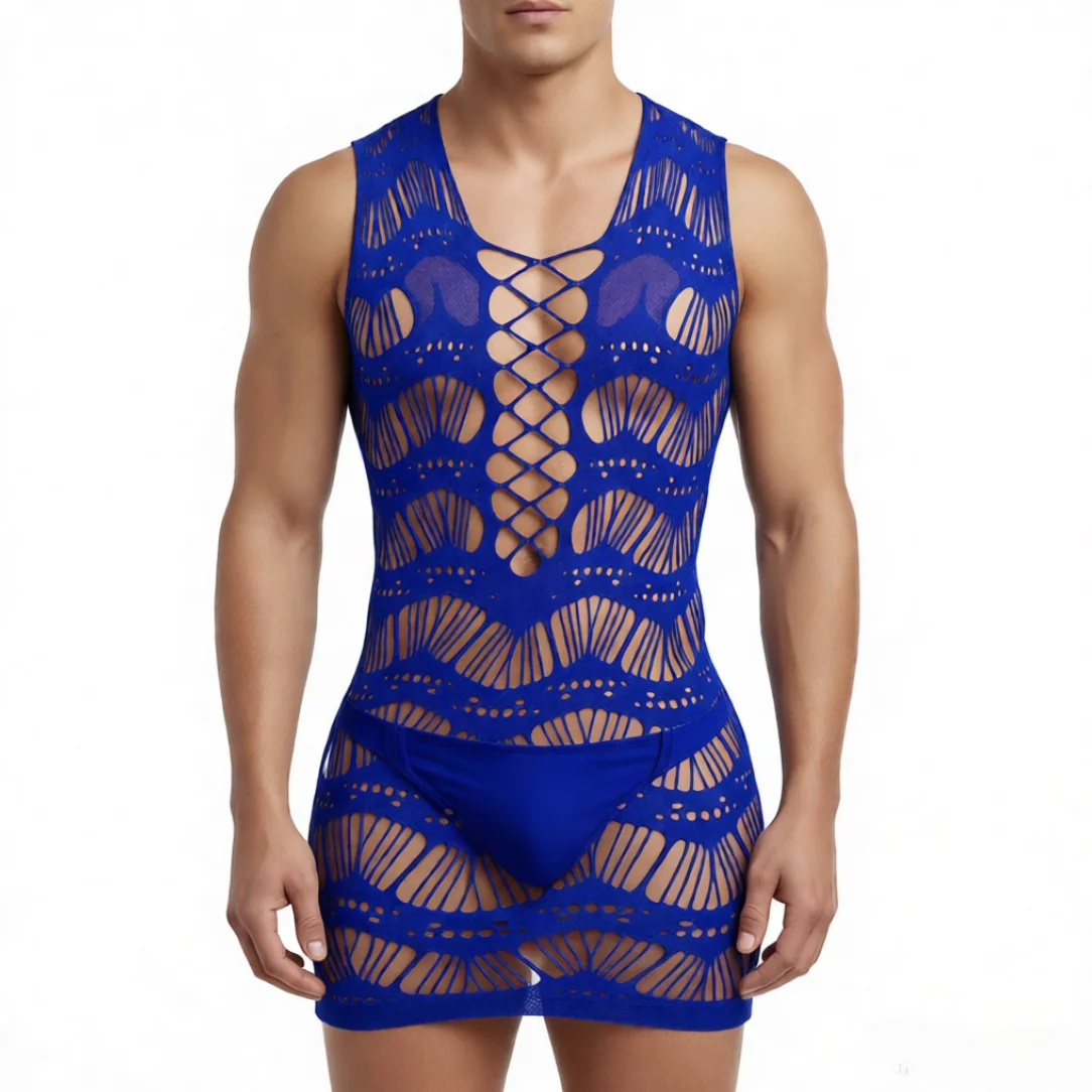 

Blue Hollow Out Tops for Men's Underwear Sexy Night Club Costumes Hot Male Bodysuits