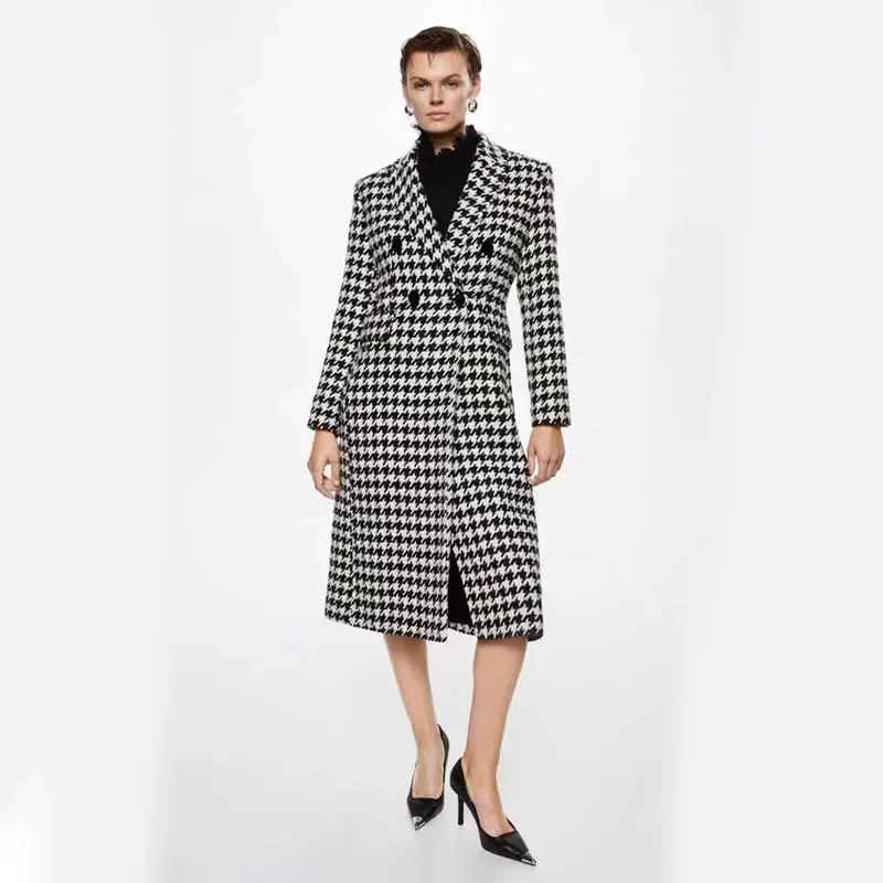 Fashion Houndstooth Faux Wool Jacket Women Autumn Korean Elegant Double Breasted Long Overcoat Winter Thick Warm Blend Wool Coat