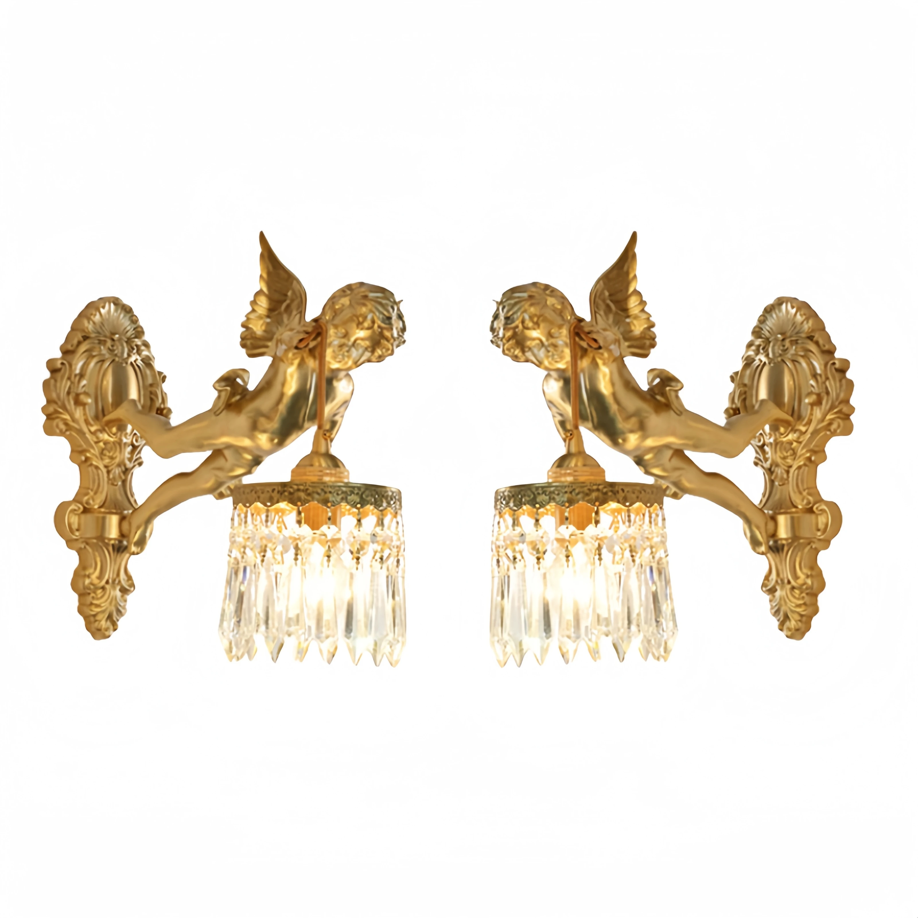 Retro French Brass Wall Lamp Hotel Bedroom Aisle Staircase Wall Angel Crystal Decorative Light Background Wall Copper Light