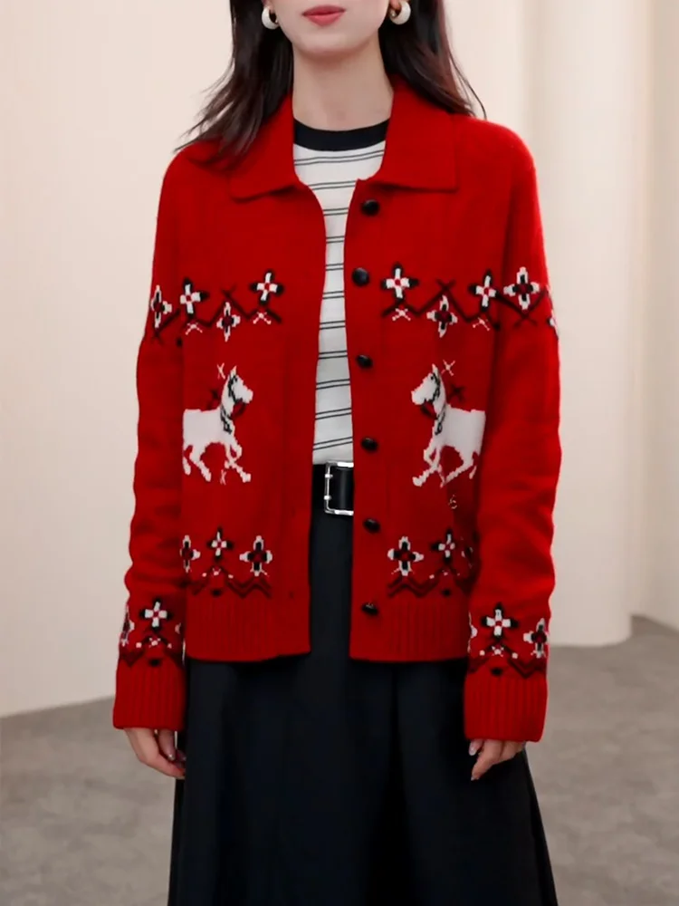 

Красный вязаный свитер с вышивкой, модный, с отложным воротником, больших размеров, приталенный, осенняя коллекция 2025, новинка, женский.