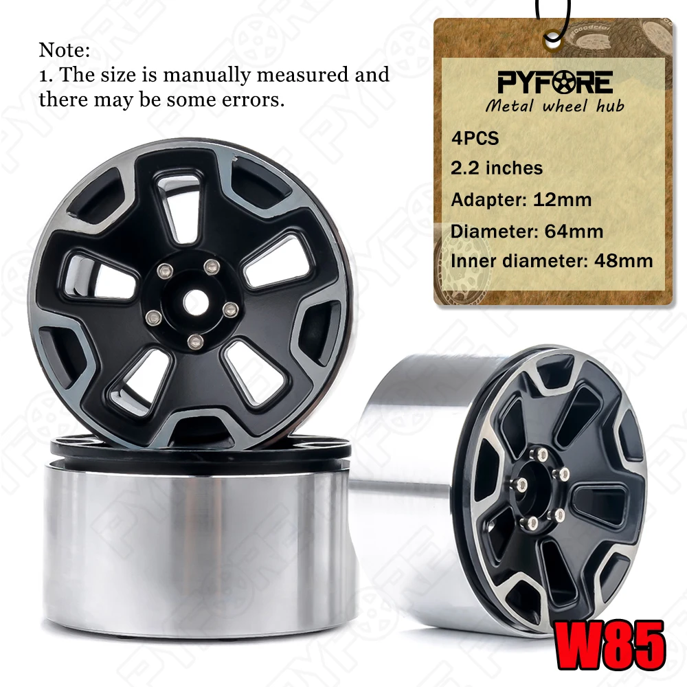 

PYFORE Black Metal Wheel Hub 2.2in Inner Diameter 64mm Inner Diameter 48mm Adapter 12mm for 1/8 1/10 Remote Crawler Car W85