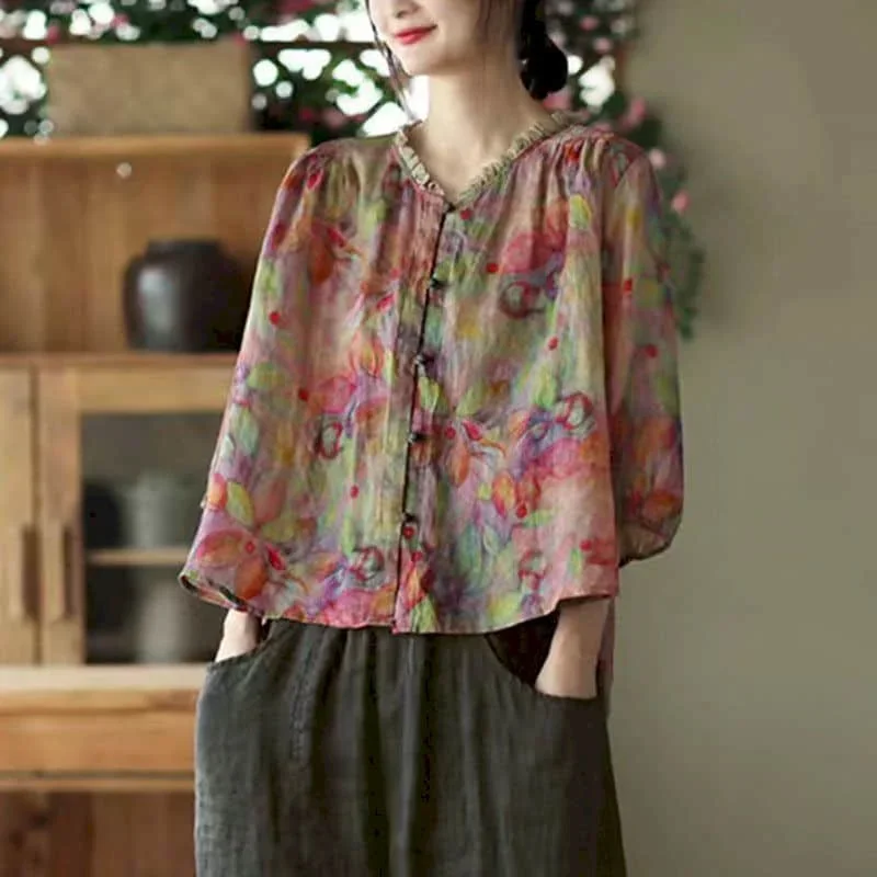 

Рубашки для женщин, винтажные хлопковые льняные рубашки с цветочным принтом и круглым вырезом, свободные повседневные однобортные корейские модные блузки с короткими рукавами, женские топы
