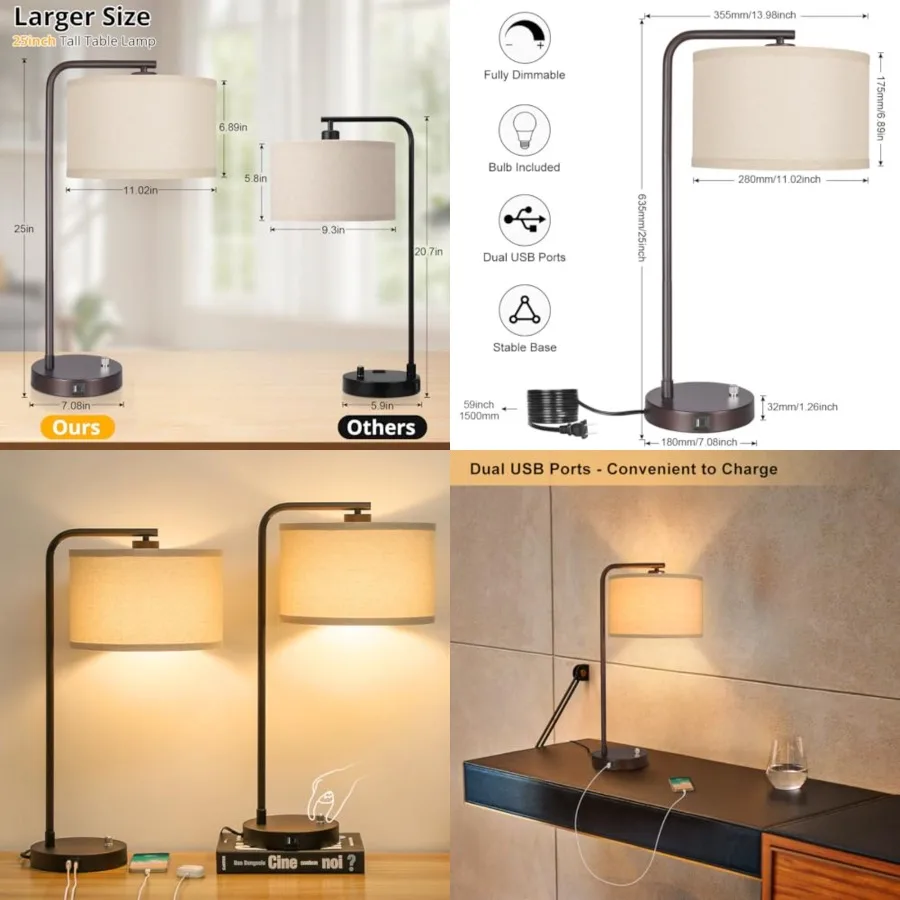 

Table Lamps Set of 2, Fully Dimmable Bedside Lamp with USB C+A Charging Ports, Modern Nightstand Lamps with Linen Fabric Shades