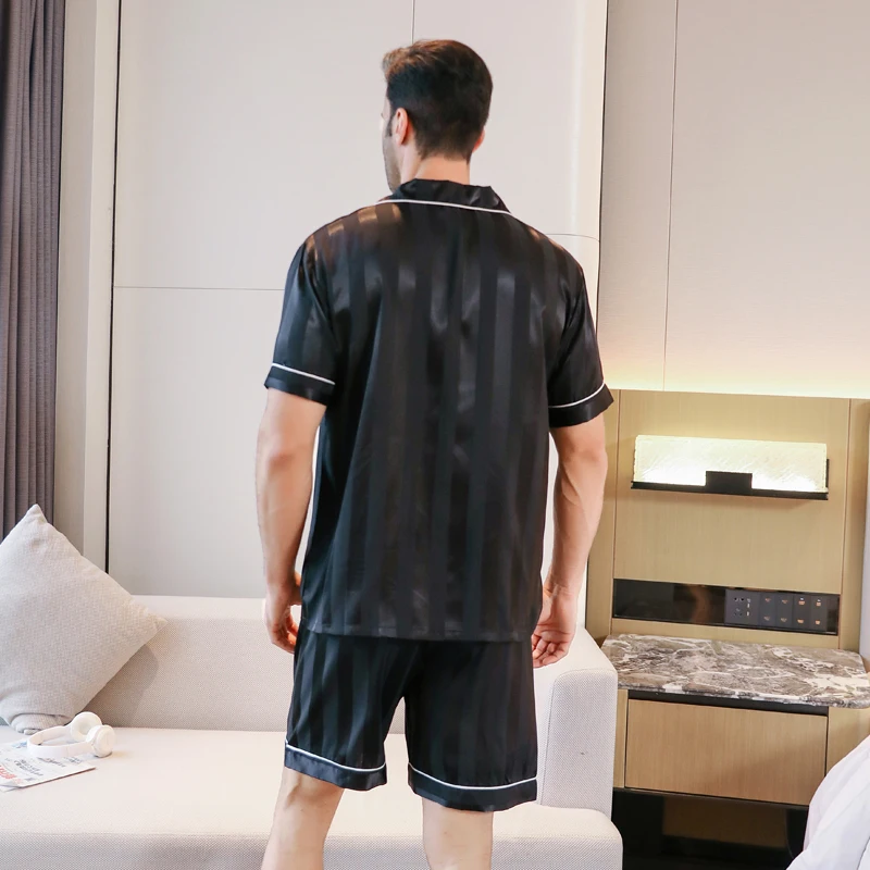 2-piece men's pajamas short sleeved shorts thin ice striped letter embroidery summer lapel sleepwear home clothing set