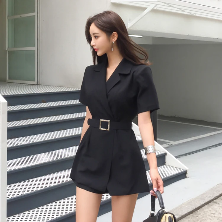 Commuting Style Black Suit Collar Short Sleeve jumpsuit Women Summer New Product Fashion Slim Fit Waist Closing jumpsuit shorts