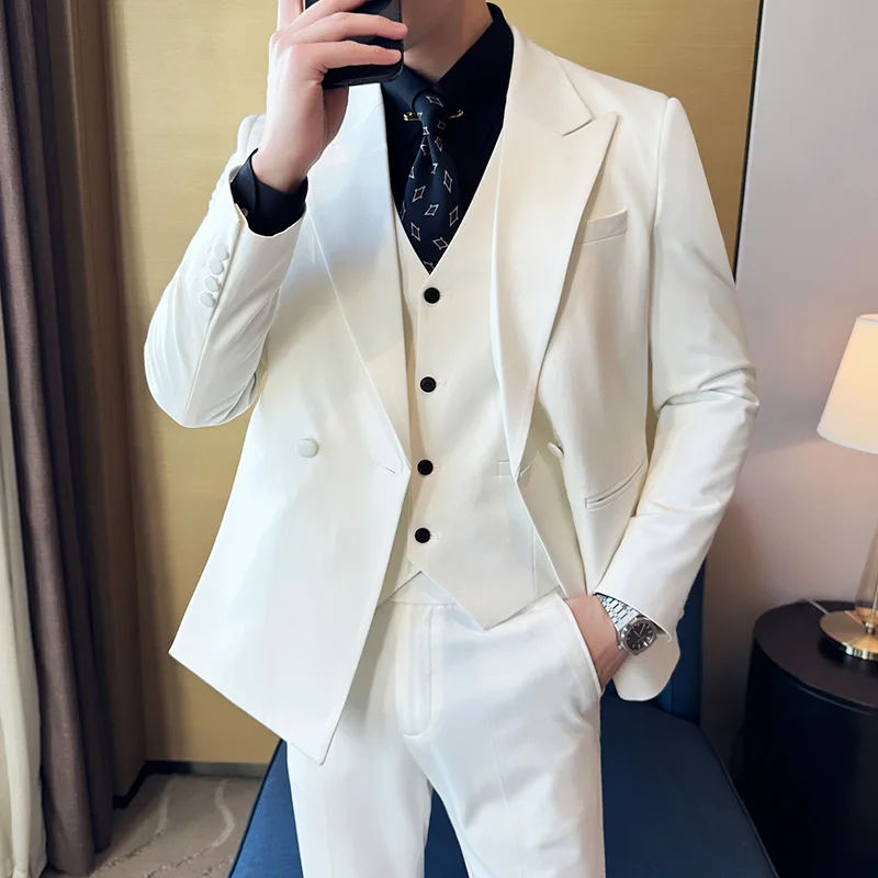 بدلة جاهزة على الطراز الكوري عالية الجودة بتصميم عصري وعصري، طقم بدلة مزدوجة الصدر مكون من ثلاث قطع