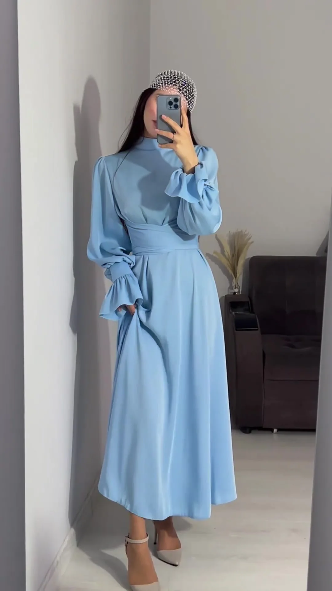 Super High Quality Stain Ice Summer Fabric Muslim Mideast Maxi Long-sleeved Waisted Puff-sleeved Solid Color Fairy Style Dress