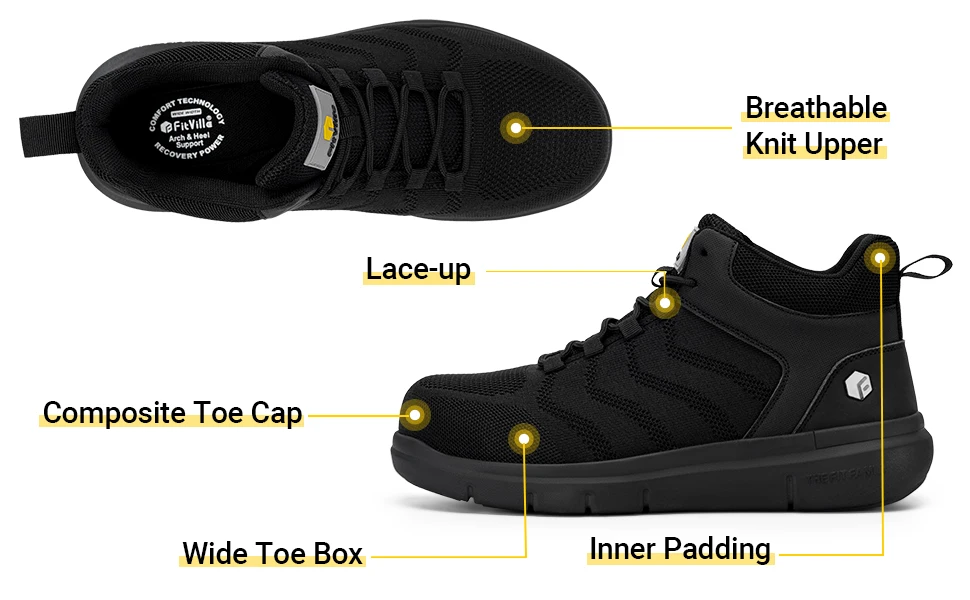 FitVille Wide Work Boots for Men Composite Indestructible Steel Toe Protect Safety Boots Anti-slip High Top Work Shoes for Men