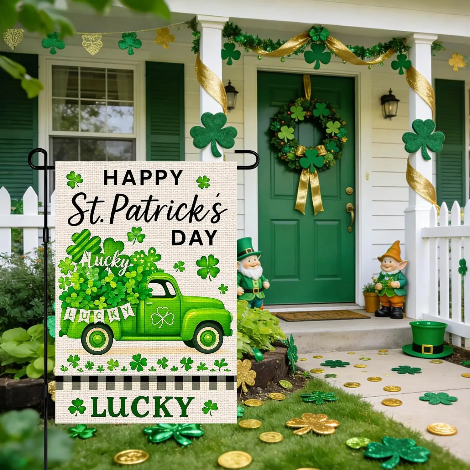 IVN St Patricks Day Garden Flag 12 x 18 Inch Double Sided Burlap Truck Clover Flags Happy St Patricks Day Lucky Green Clover ZZM