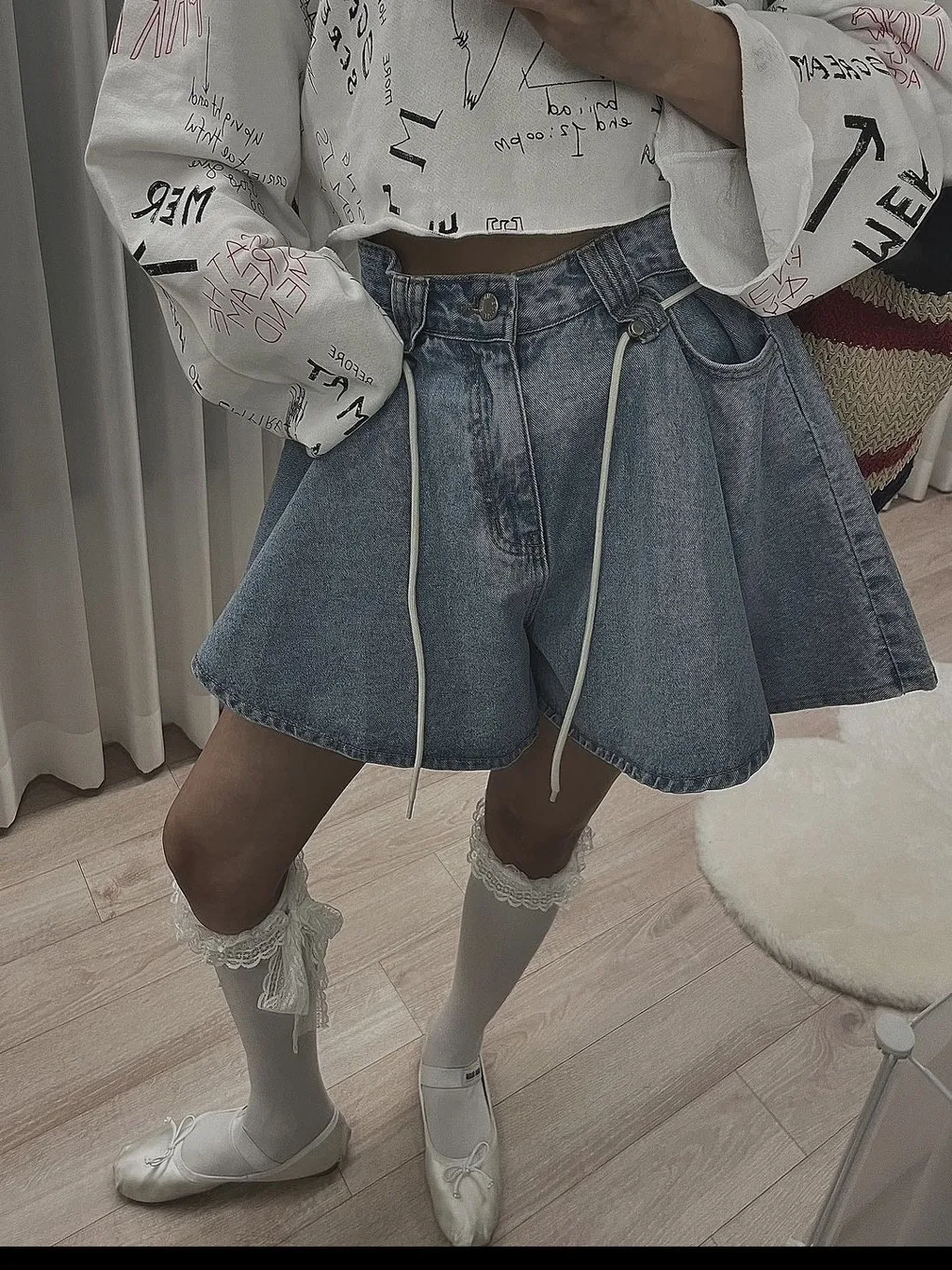 Jeans de Mezclilla Anchos de Pierna Ancha con do Retro para Mujer, Cintura con Cordón, Hoados, Ajustados, con Dobladill...