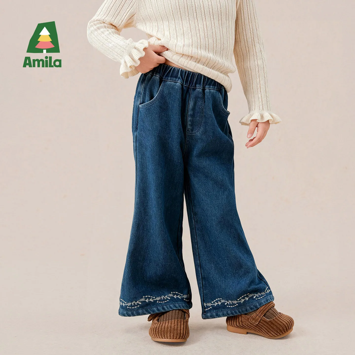 Amila 2026 Winter New Kids Jeans Sweet Embroidery Slight Flare Slim Fit Fleece Lined Warm Soft Daily Versatile Long Pants