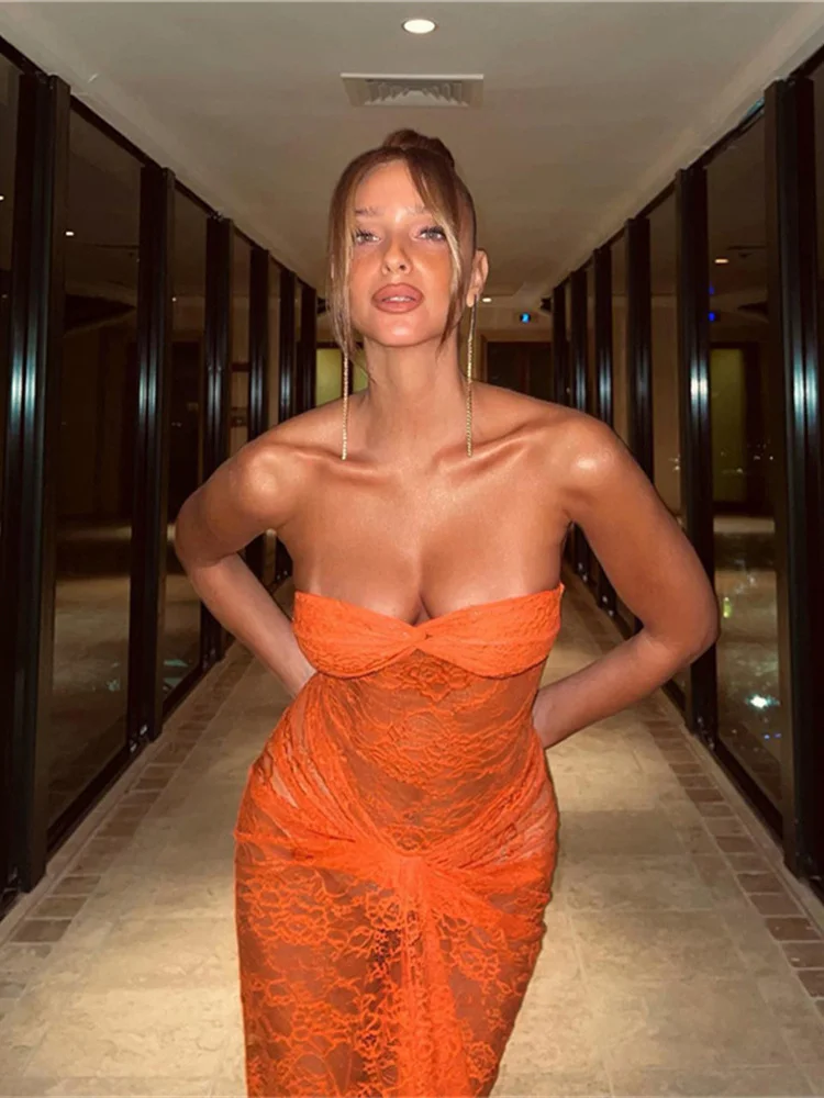 Insglas Rüschen Kleid Spitze Durchsichtig Sexy Frau Lange Wrap Ärmellose Kokette Nachtclub Party Hohe Stretch Charming Vestidos