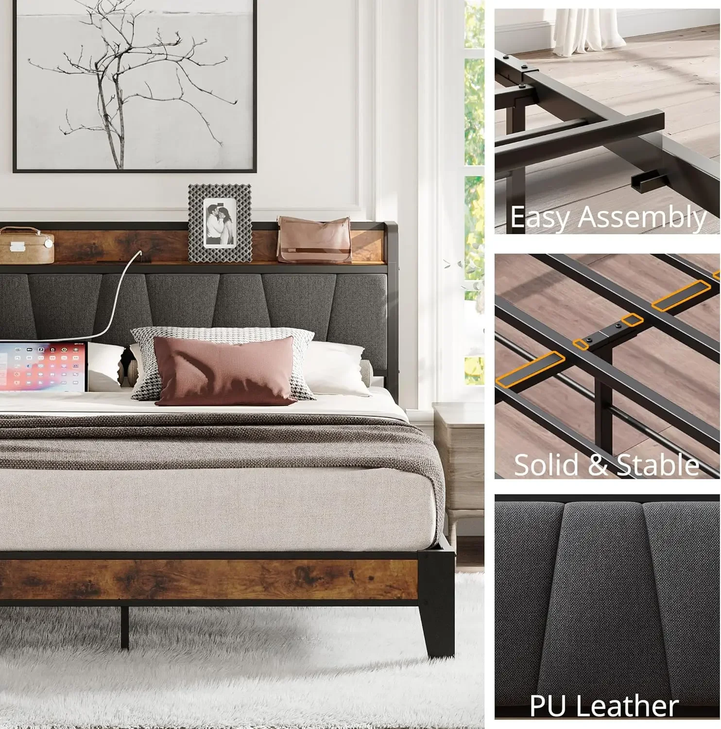 Storage Headboard with Charging Station, Solid and Stable, Noise Free, No Box Spring Needed, Easy Assembly