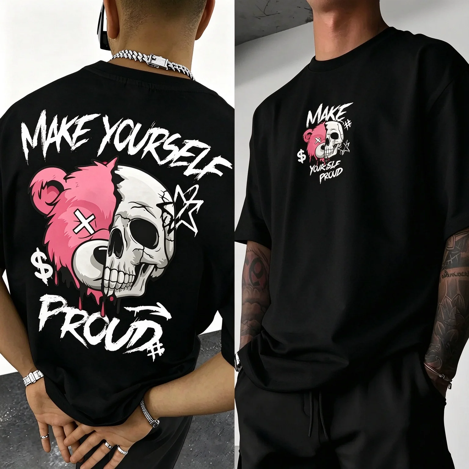 Unisex Bear Skull Print T Shirt Make Yourself Proud Graphic Summer Short Sleeve Casual Streetwear Tops