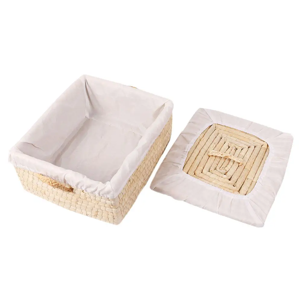 1Pcs Bread Basket Natural Straw Storage Basket with Cover Lining Dust Insect Proof Home Kitchen Organizer Desktop Fruit Tray