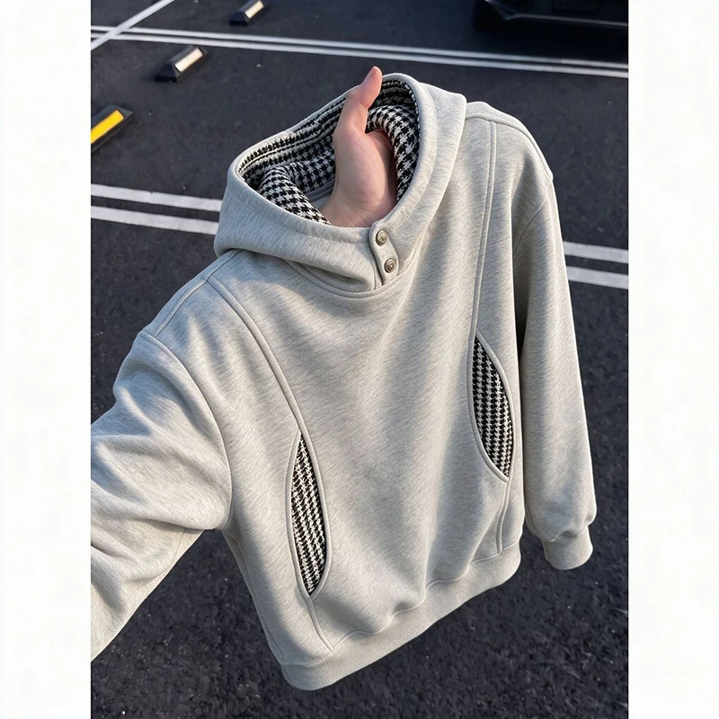 Men Stand Collar Hooded Sweatshirt 2026 Autumn Winter Houndstooth Spliced Hoodie Plus Size Streetwear Designer Pullover Jacket