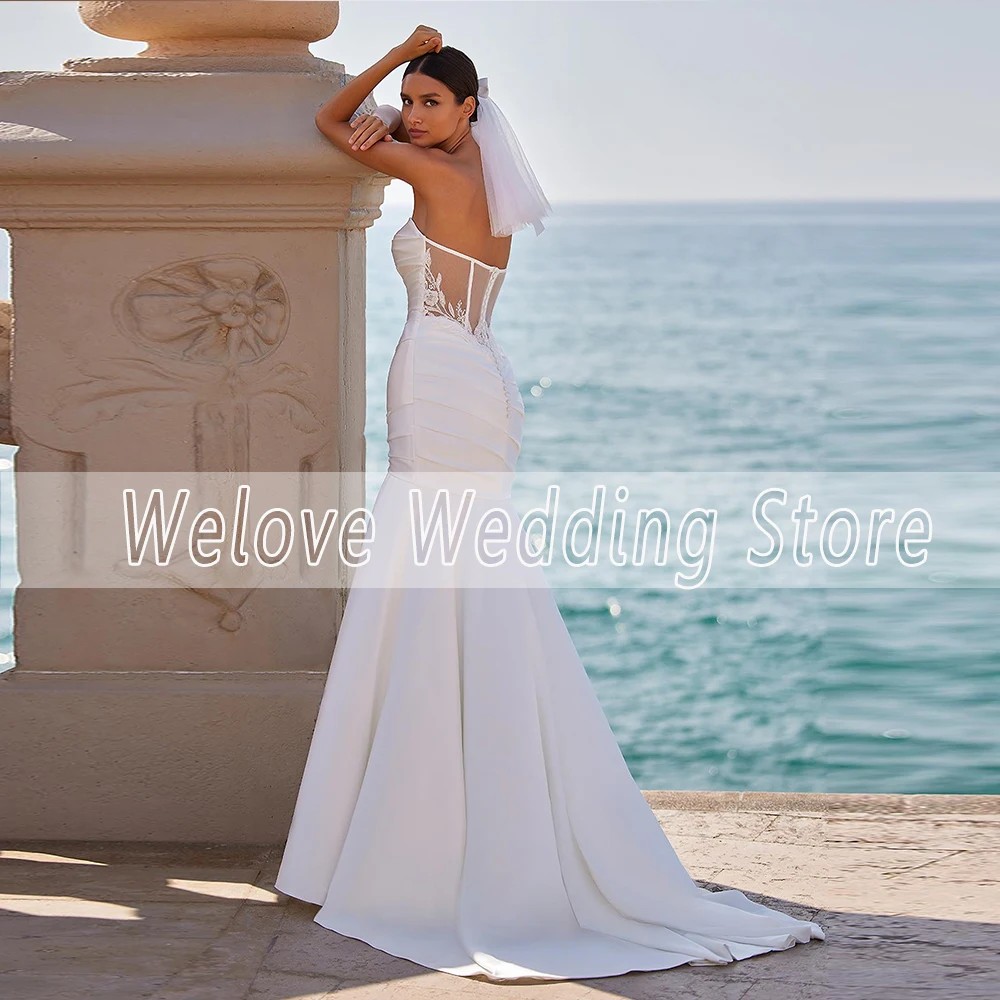 Elegante Liebsten Meerjungfrau Hochzeit Kleid Ärmellosen Weißen Illusion Zurück Strand Brautkleid Für Braut Sweep Zug Robe De Mariee