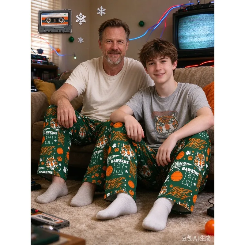 Family Matching American Stranger Hawkins Tigers Pajama Pants Retro Basketball Team Print Trousers Elastic Waist Soft SleepPants