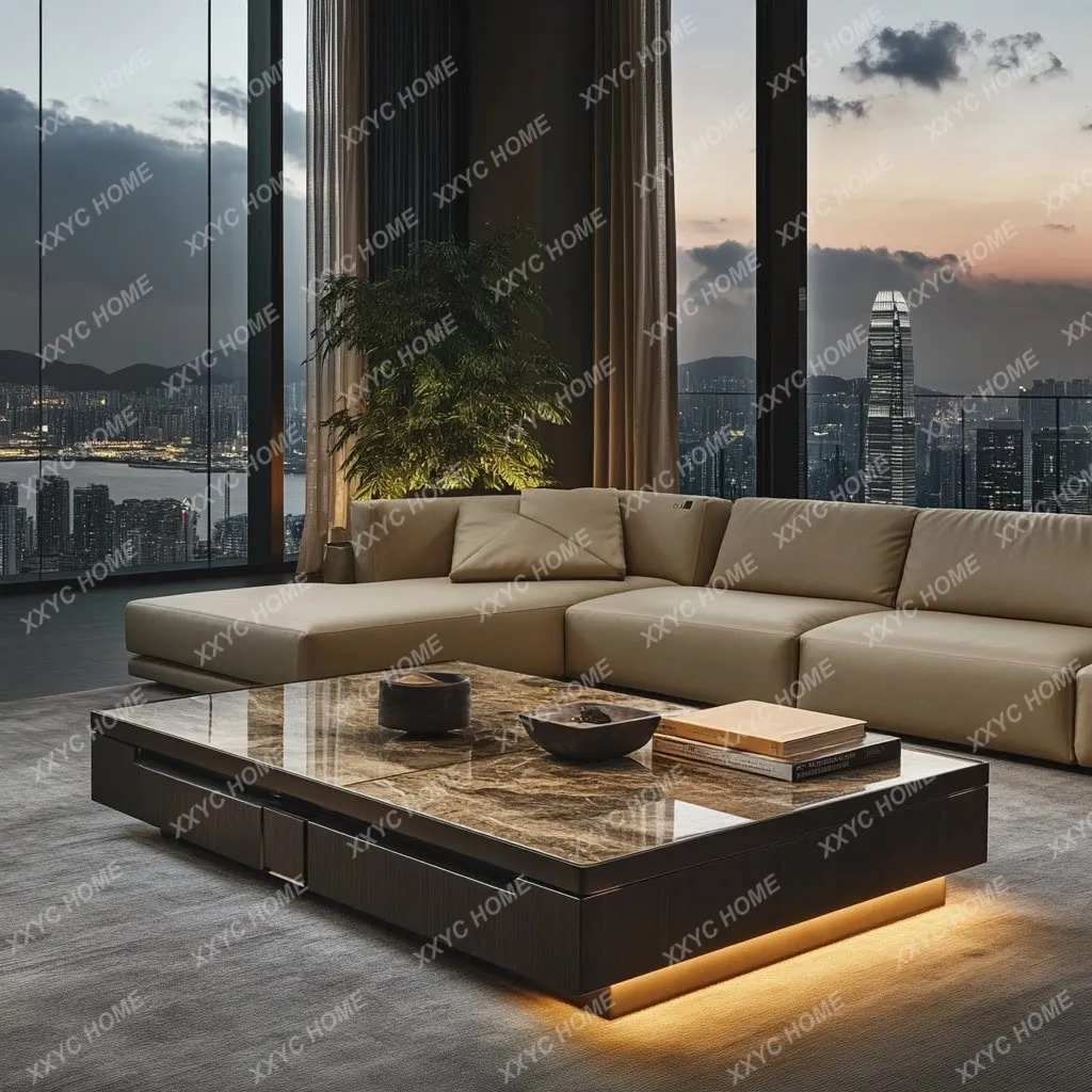 Vintage and elegant, light luxury glowing coffee table, high-end and grand, luxurious villa living room light luxury marble lon