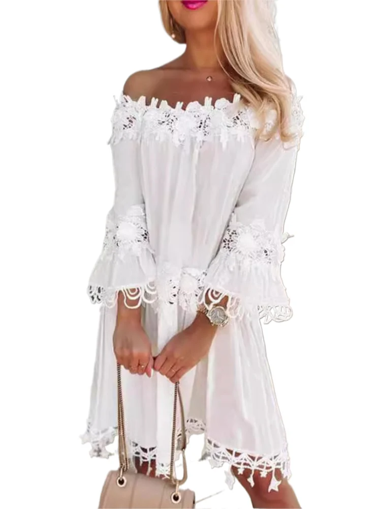 

Lady Sexy Lace Dress Fashion Three Quarter Slash Neck Loose Dresses For Women Casual Holiday Party Skirts Womens Clothing Summer