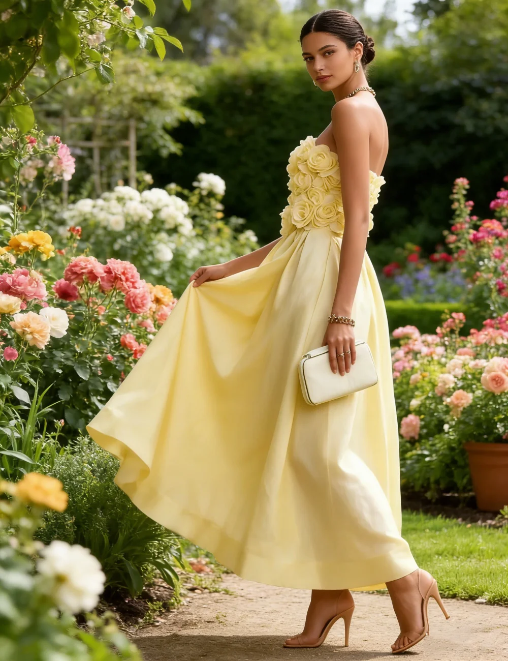 

Customized Yellow Pastrol Exquisite Handmade Flower Pleat Ruched A-line Strapless Ankle Length Evening Dresses High Quality