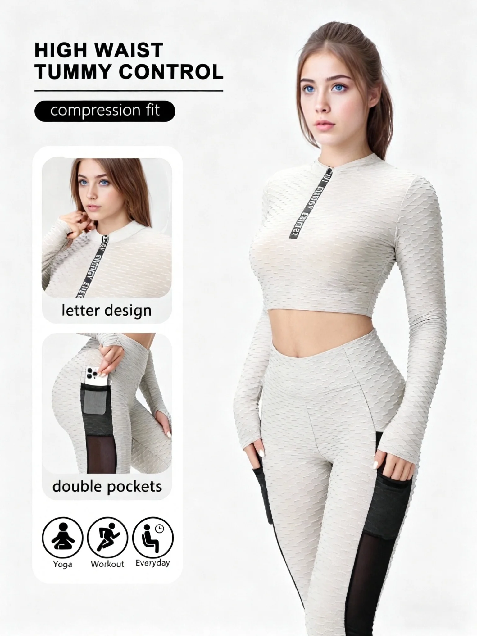 Ensemble pantalon de yoga deux pièces pour femme avec poches, maille et blocage de couleur, taille haute, levage des fesses, ajouré, respirant, adapté au yoga, à la course, au fitness, au danse et à l'entraînement