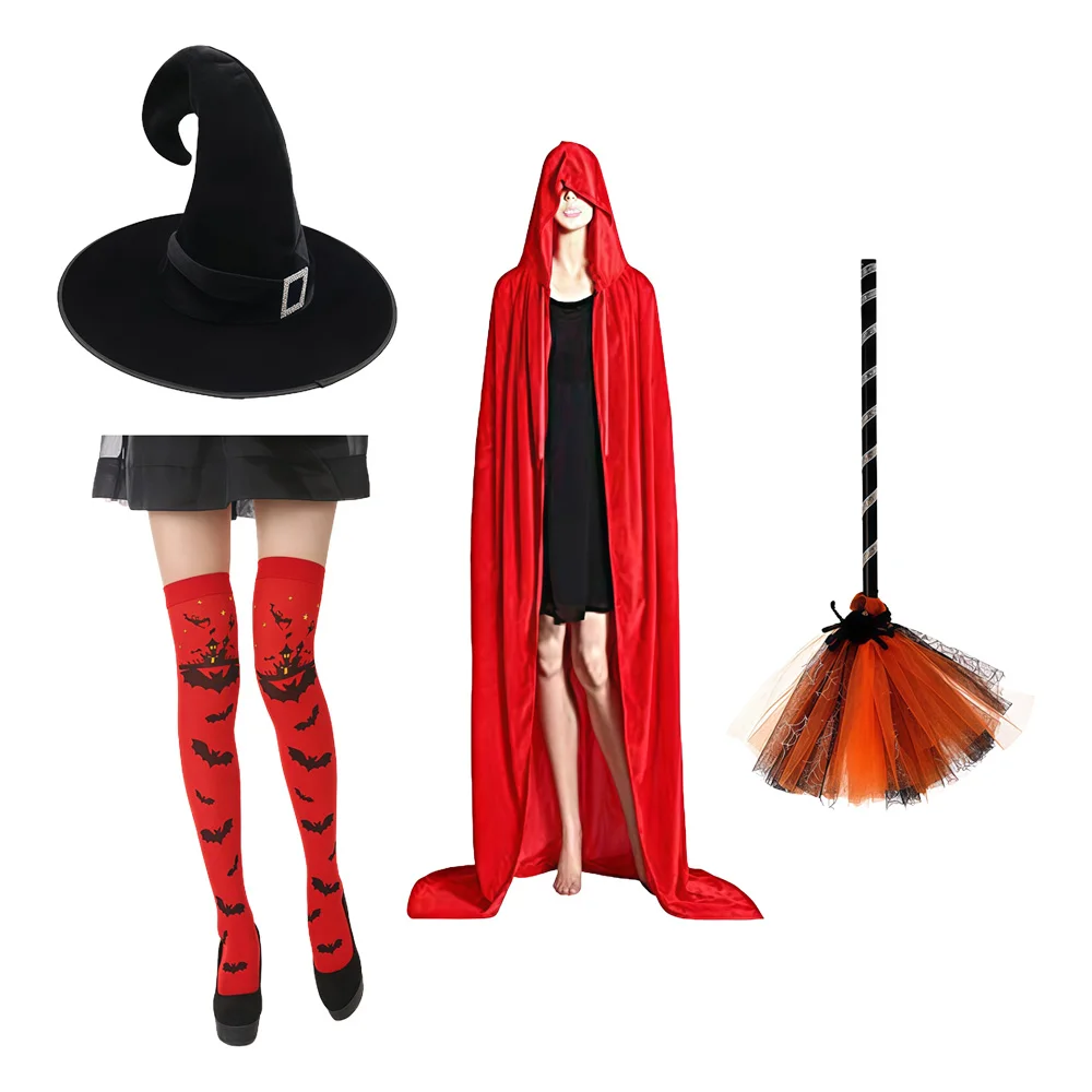 

Halloween Witch Costume Set with Hat Long Hooded Cloak Cape Devil Demon Cosplay Outfit Dress Up Props for Party Entertainment