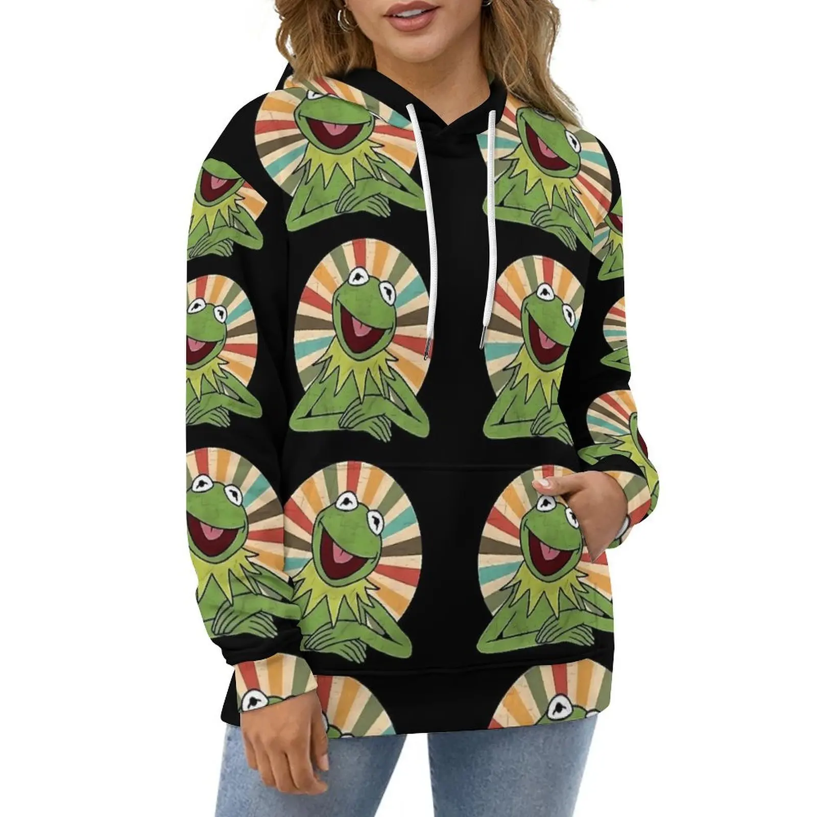 The Frogs Print Casual Hoodies Funny Animal Kawaii Hoodie Woman Long Sleeve Street Fashion Graphic Loose Oversized Sweatshirts