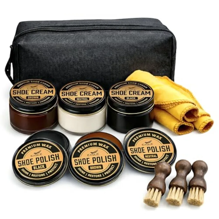

Eagle 13-Piece Shoe Polish Kit Black, Brown and Neutral Shoe Wax and Boot Cream with Dauber Brushes and Shine Cloths Leather Sh