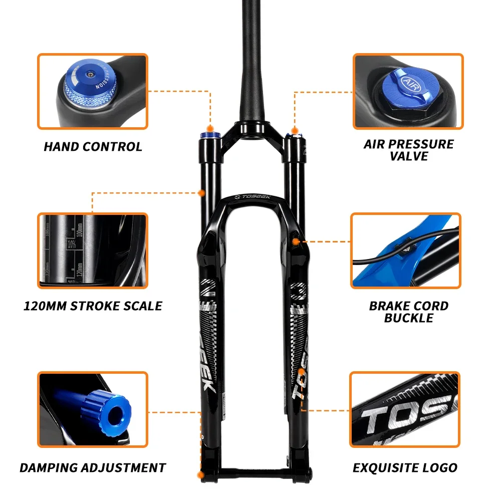 TOSEEK TFK-SA Thru Axle Magnesium Alloy MTB Bicycle Fork 27.5/ 29er Inch Mountain Bike RL120mm Air Suspension Fork