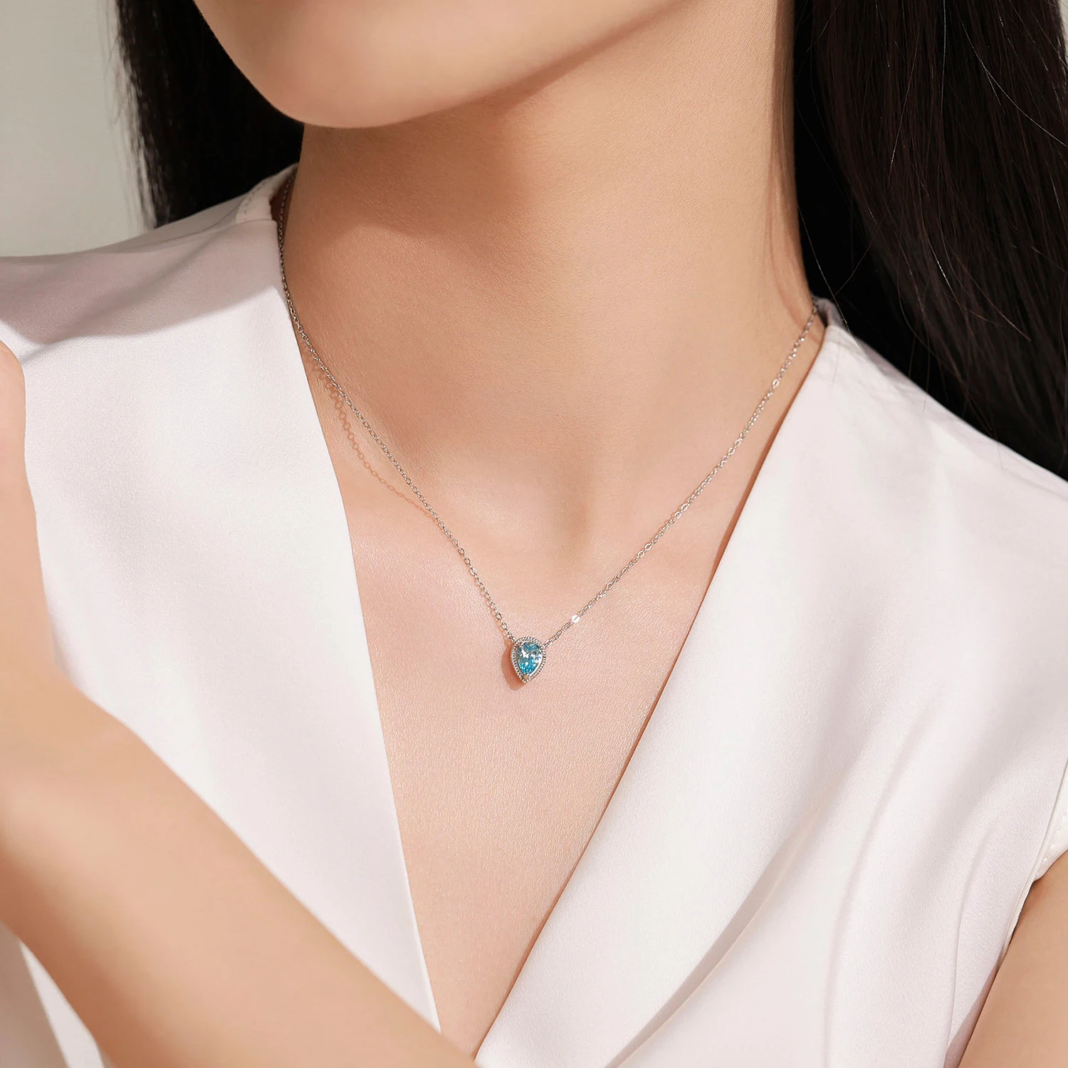 Ailmay Elegant 925 Sterling Silver Blue Pear Pendant Necklace Stud Earrings For Women Holiday Or Anniversary Jewelry Set 5