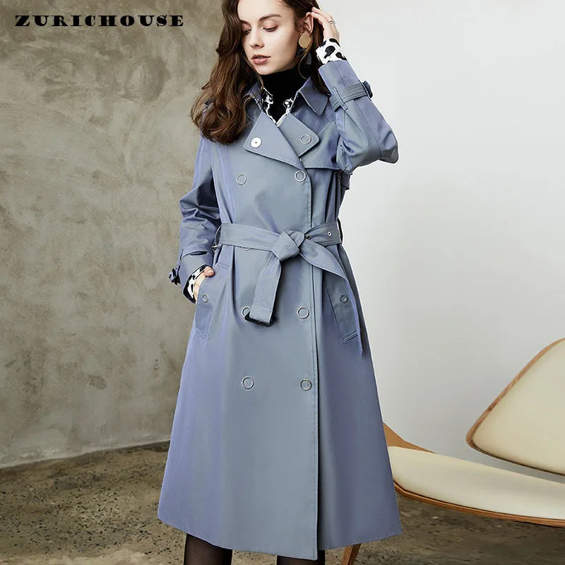 

ZURICHOUSE British Style Temperament Long Trench Woman High-end Double Breasted Metal Classic Chameleon Waterproof Dust Coat