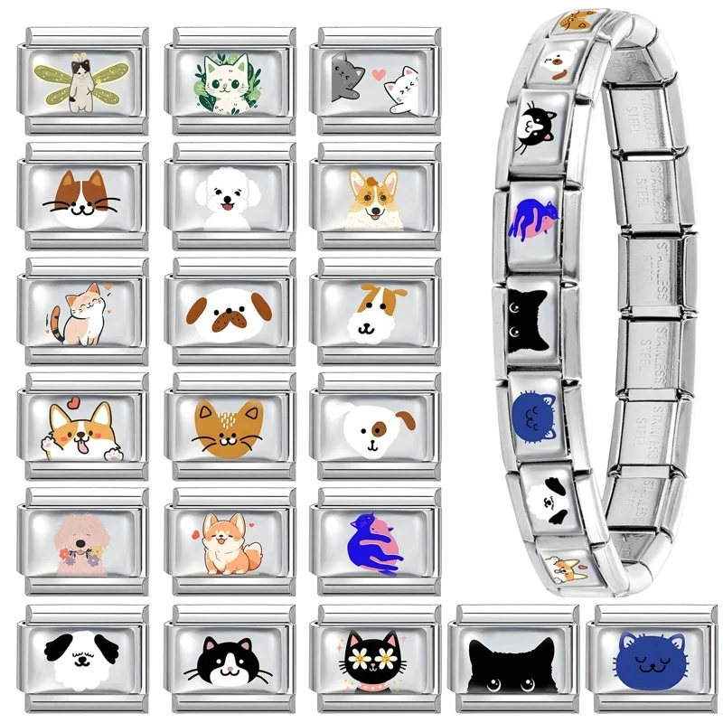 2025 Original Cute Cartoon Colorful Pet Dog Black Cats Italian Charm Links Fit 9mm Stainless Steel Bracelet Men Women DIY Making