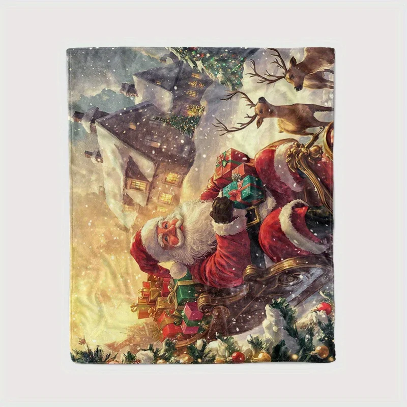 1pc Fluffy Throw Blanket, 2D Flat Santa Sleigh Reindeer Christmas Scene Print, Warm Blanket for Sofa Bedroom, Camping Decor Gift