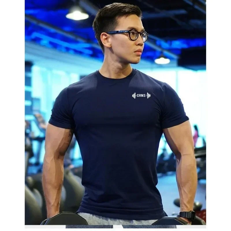 Men's Summer Gym Fitness Clothing Sports Skinny Tee Cotton Short Sleeve T-shirt Running Training Sweatshirt Bodybuilding Tights image 4